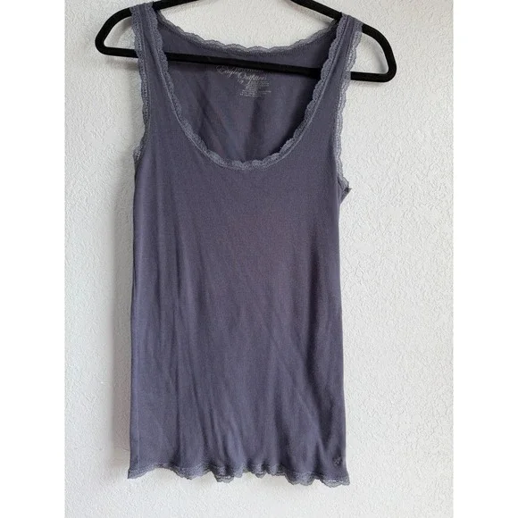 American Eagle Outfitters Gray Ribbed Lace Trim Tank Top Women L Large Logo - Picture 1 of 8